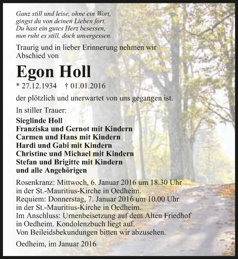  Traueranzeige für Egon Holl vom 05.01.2016 aus 