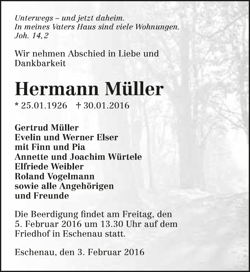  Traueranzeige für Hermann Müller vom 03.02.2016 aus 