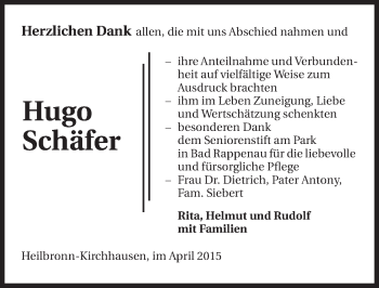 Traueranzeige von Hugo Schäfer 