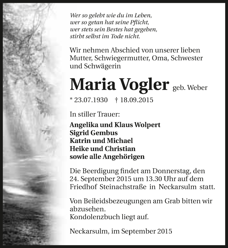  Traueranzeige für Maria Vogler vom 22.09.2015 aus 