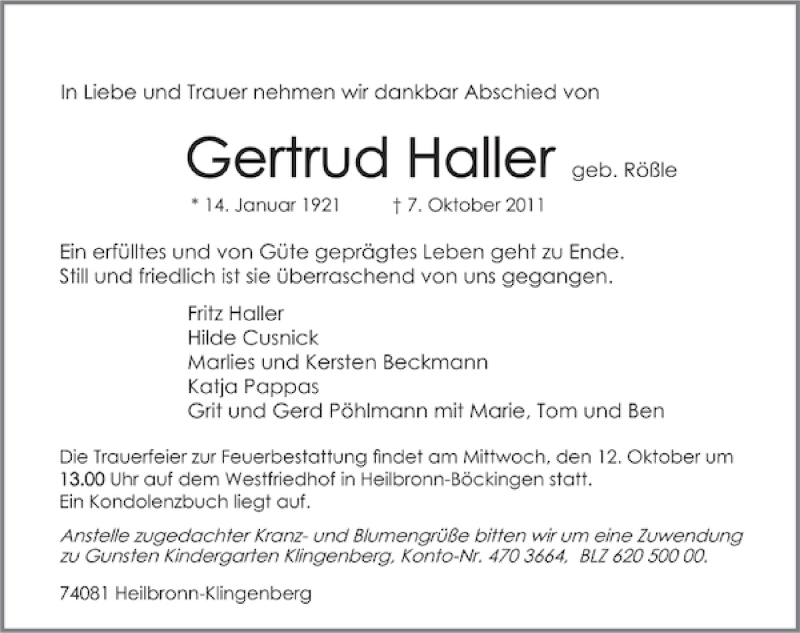  Traueranzeige für Gertrud Haller vom 10.10.2011 aus 