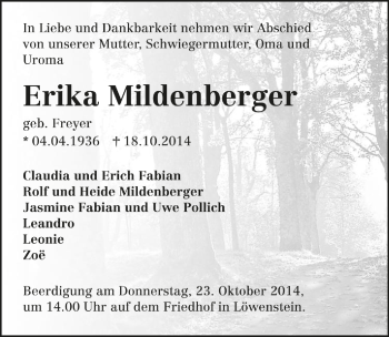 Traueranzeige von Erika Mildenberger 