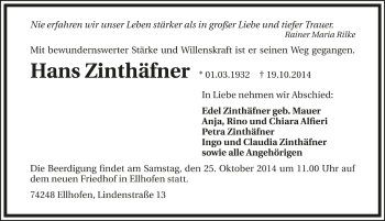 Traueranzeige von Hans Zinthäfner 