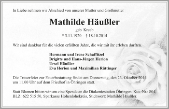 Traueranzeige von Mathilde Häußler 