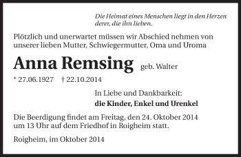 Traueranzeige von Anna Remsing 