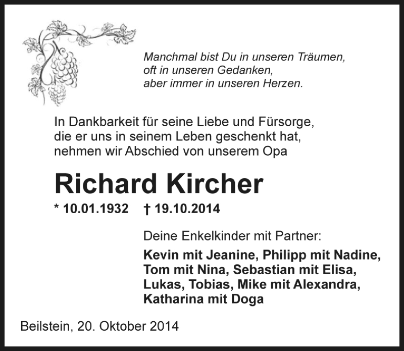  Traueranzeige für Richard Kircher vom 21.10.2014 aus 