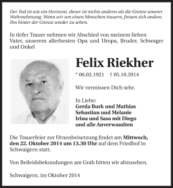 Traueranzeige von Felix Riekher 