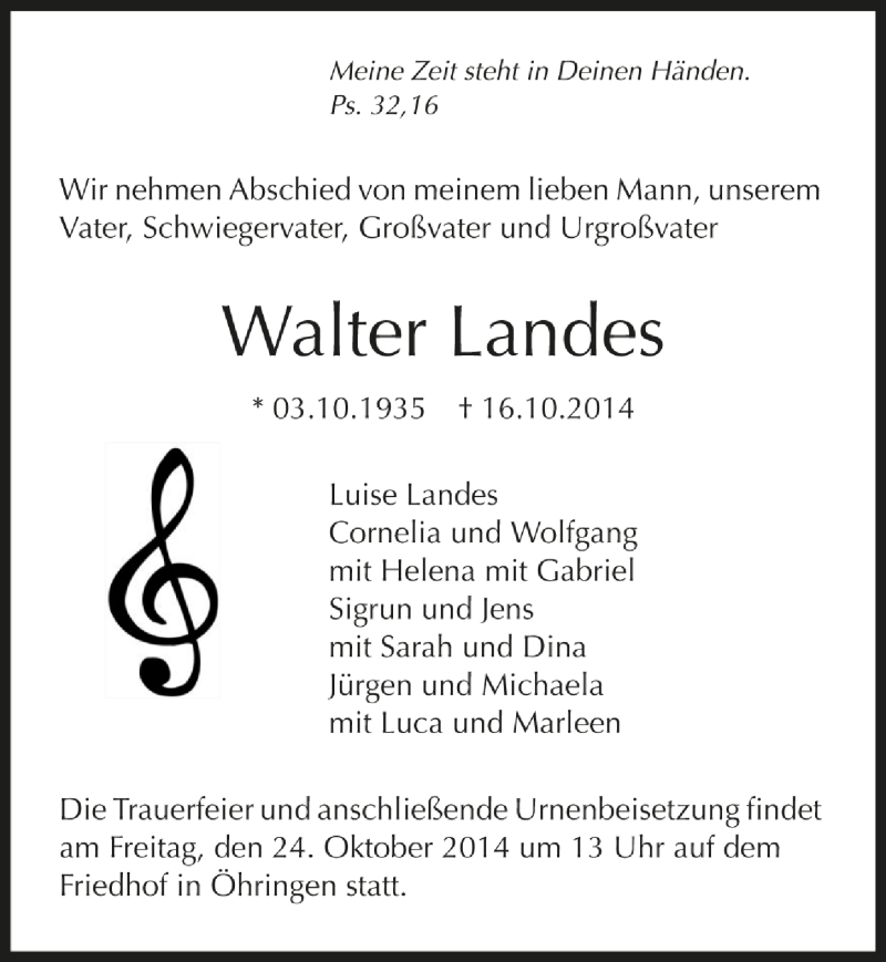  Traueranzeige für Walter Landes vom 21.10.2014 aus 