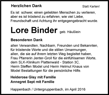 Traueranzeige von Lore Binder 