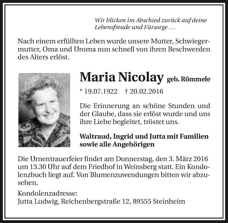  Traueranzeige für Maria Nicolay vom 27.02.2016 aus 