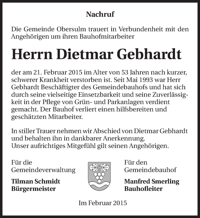  Traueranzeige für Dietmar Gebhardt vom 25.02.2015 aus 