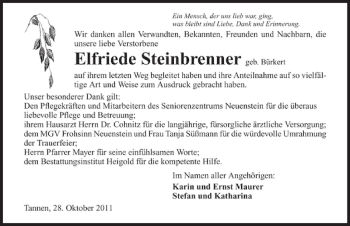 Traueranzeige von Elfriede Steinbrenner 