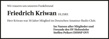 Traueranzeige von Friedrich Kriwan 