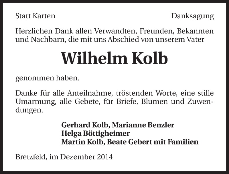  Traueranzeige für Wilhelm Kolb vom 22.12.2014 aus 