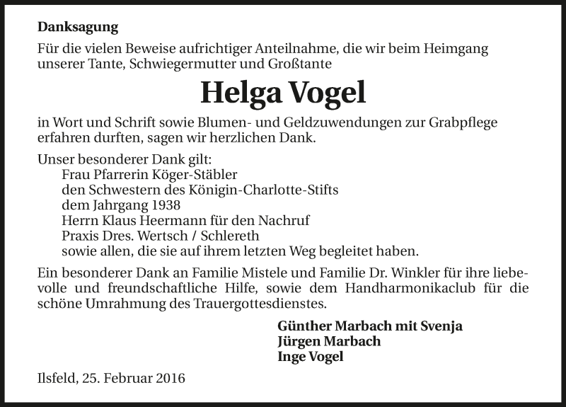  Traueranzeige für Helga Vogel vom 25.02.2016 aus 