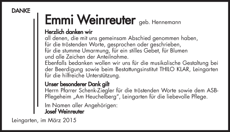  Traueranzeige für Emmi Weinreuter vom 28.03.2015 aus 