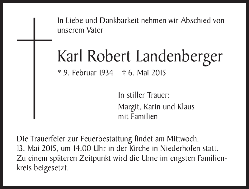  Traueranzeige für Karl Robert Landenberger vom 09.05.2015 aus 