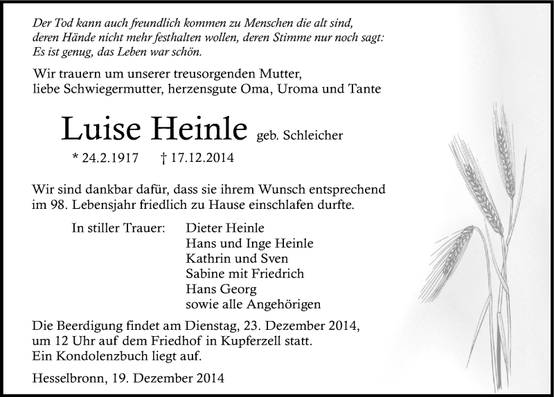  Traueranzeige für Luise Heinle vom 19.12.2014 aus 
