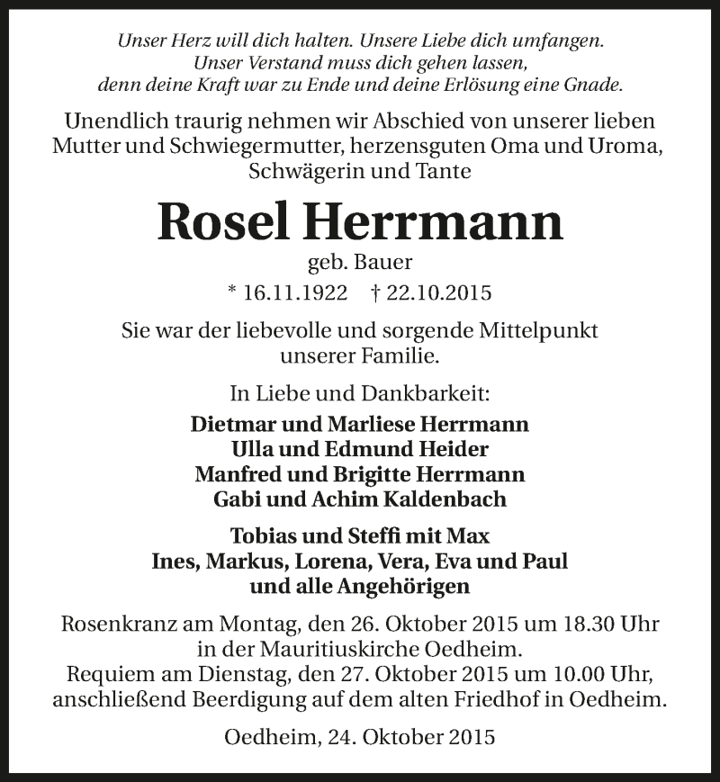  Traueranzeige für Rosel Herrmann vom 24.10.2015 aus 