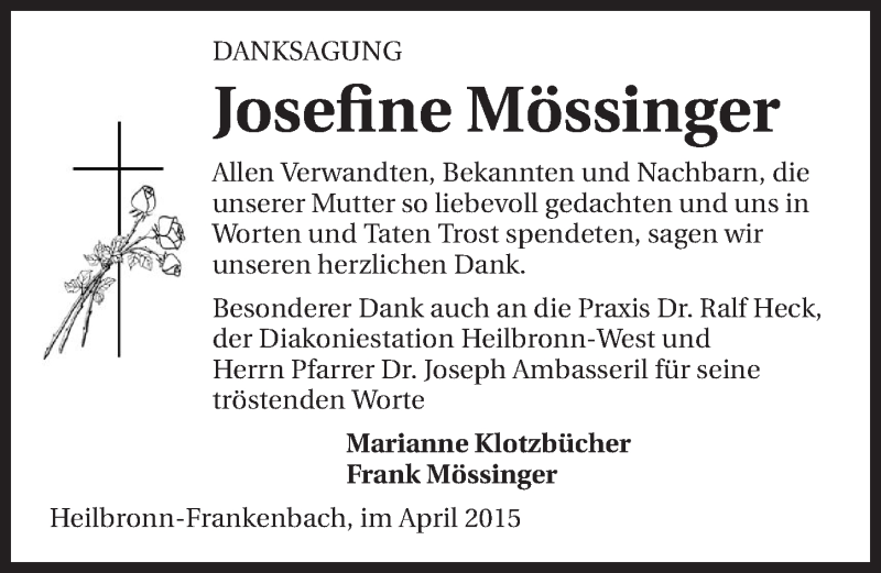  Traueranzeige für Josefine Mössinger vom 08.04.2015 aus 
