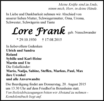 Traueranzeige von Lore Frank 