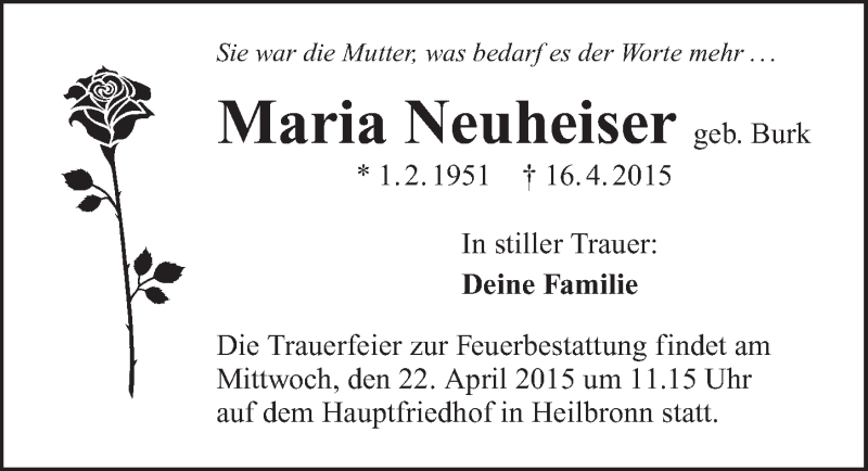  Traueranzeige für Maria Neuheiser vom 18.04.2015 aus 