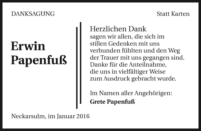  Traueranzeige für Erwin Papenfuß vom 09.01.2016 aus 