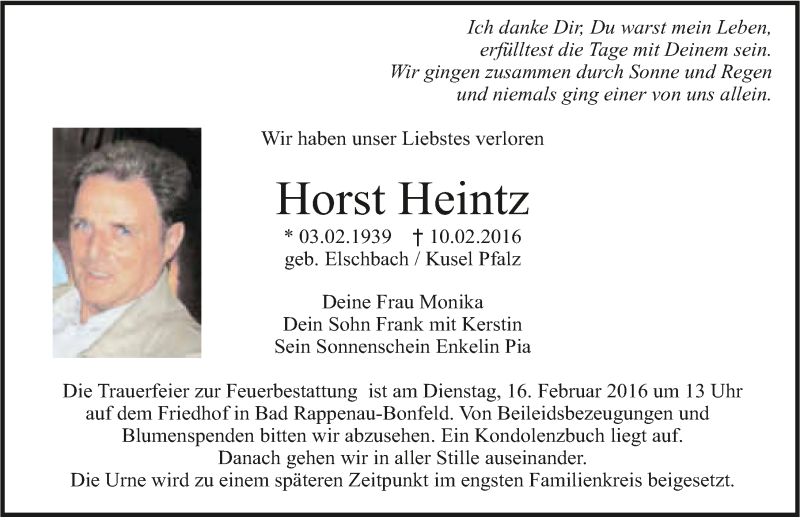  Traueranzeige für Horst Heintz vom 12.02.2016 aus 