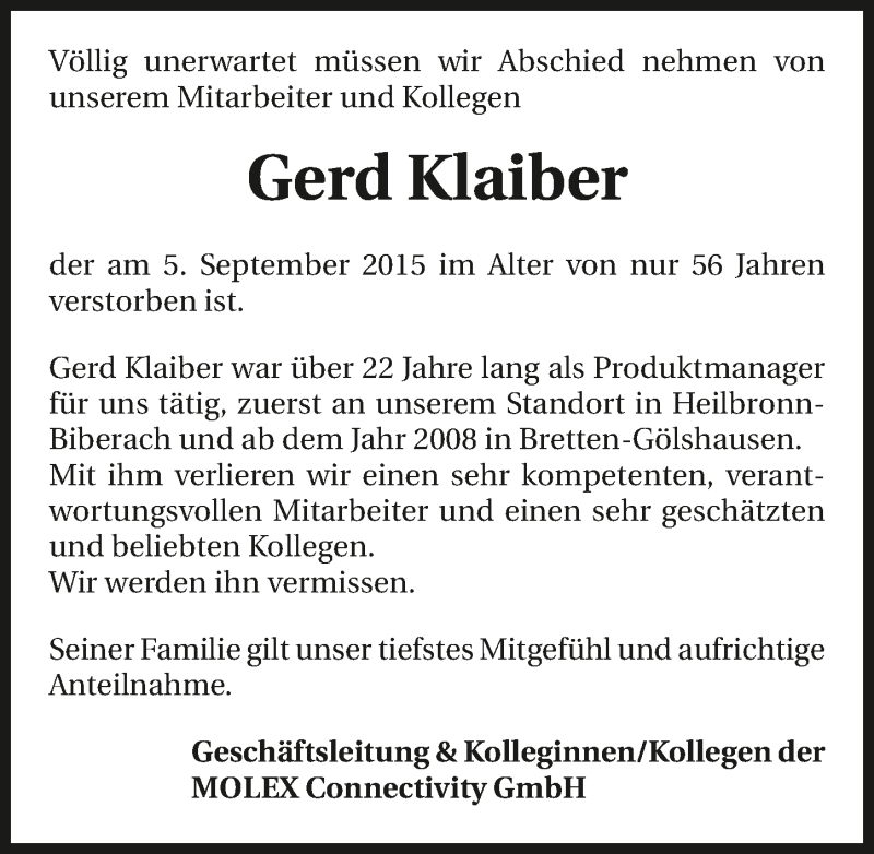 Traueranzeige für Gerd Klaiber vom 11.09.2015 aus 