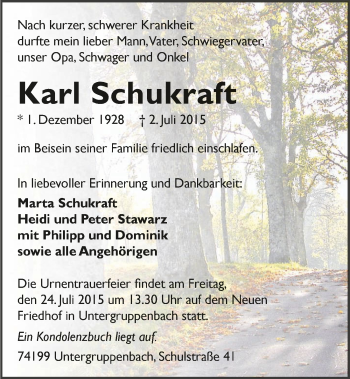 Traueranzeige von Karl Schukraft 