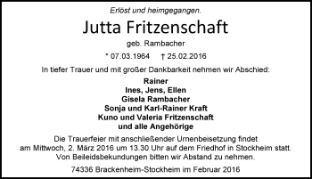 Traueranzeige von Jutta Fritzenschaft 