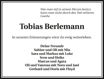 Traueranzeige von Tobias Berlemann 