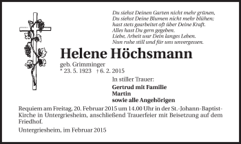 Traueranzeige von Helene Höchsmann 