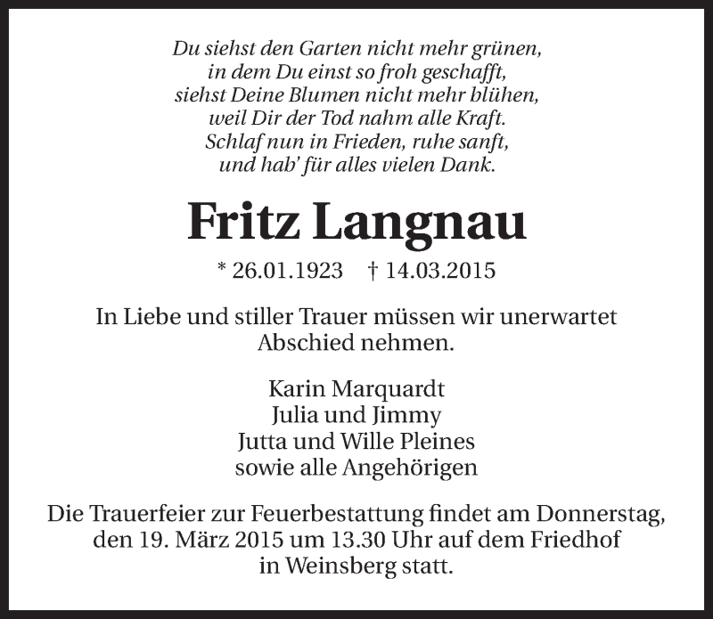  Traueranzeige für Fritz Langnau vom 16.03.2015 aus 