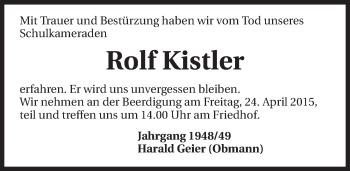 Traueranzeige von Rolf Kistler 