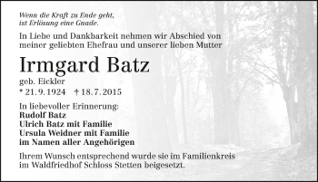 Traueranzeige von Irmgard Batz 