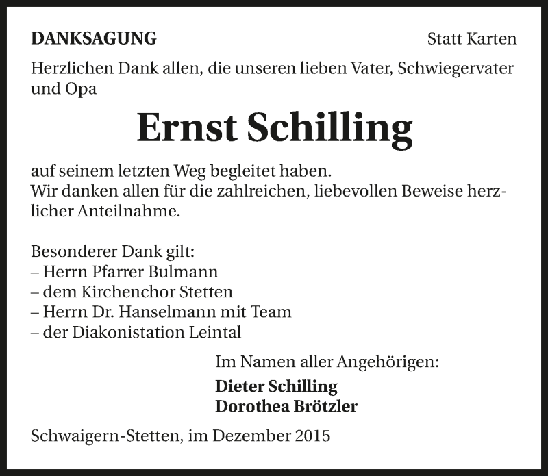  Traueranzeige für Ernst Schilling vom 03.12.2015 aus 