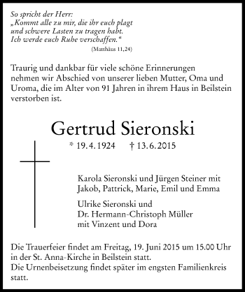 Traueranzeige von Gertrud Sieronski 