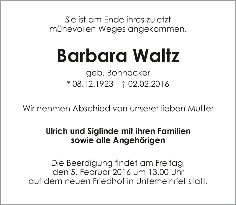  Traueranzeige für Barbara Waltz vom 03.02.2016 aus 