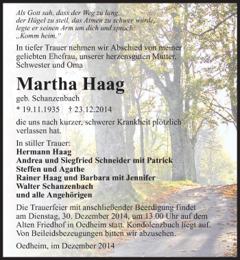 Traueranzeige von Martha Haag 