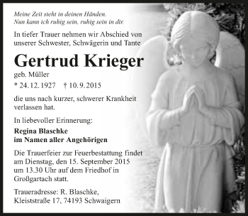 Traueranzeige von Gertrud Krieger 