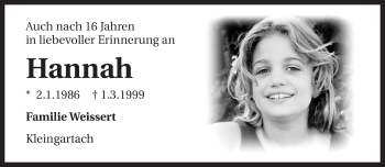 Traueranzeige von Hannah  