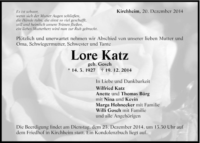  Traueranzeige für Lore Katz vom 20.12.2014 aus 