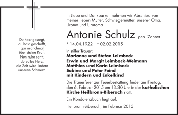 Traueranzeige von Antonie Schulz 