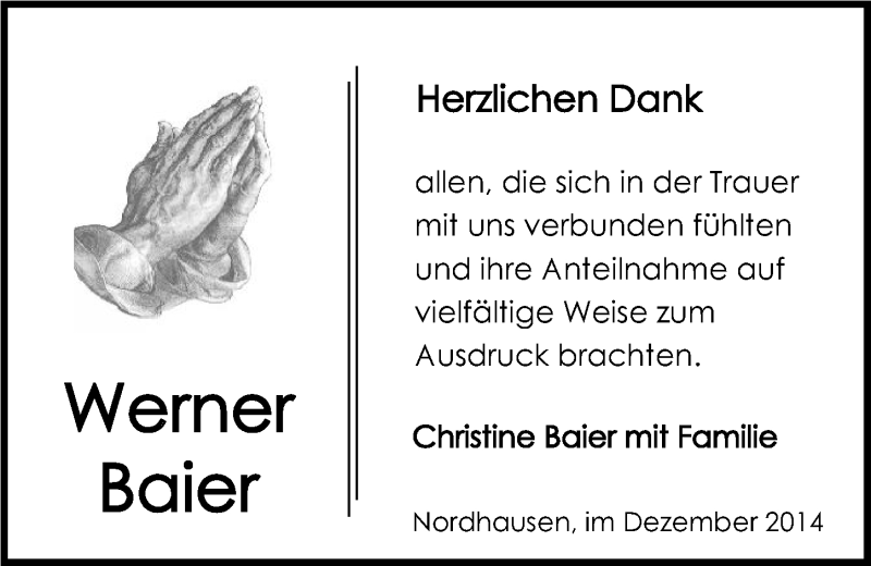  Traueranzeige für Werner Baier vom 22.12.2014 aus 