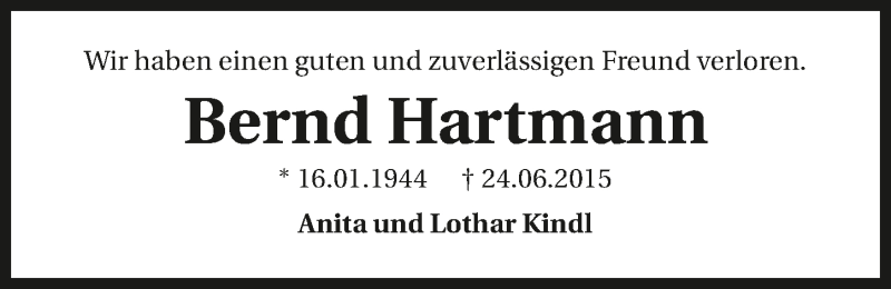  Traueranzeige für Bernd Hartmann vom 27.06.2015 aus 