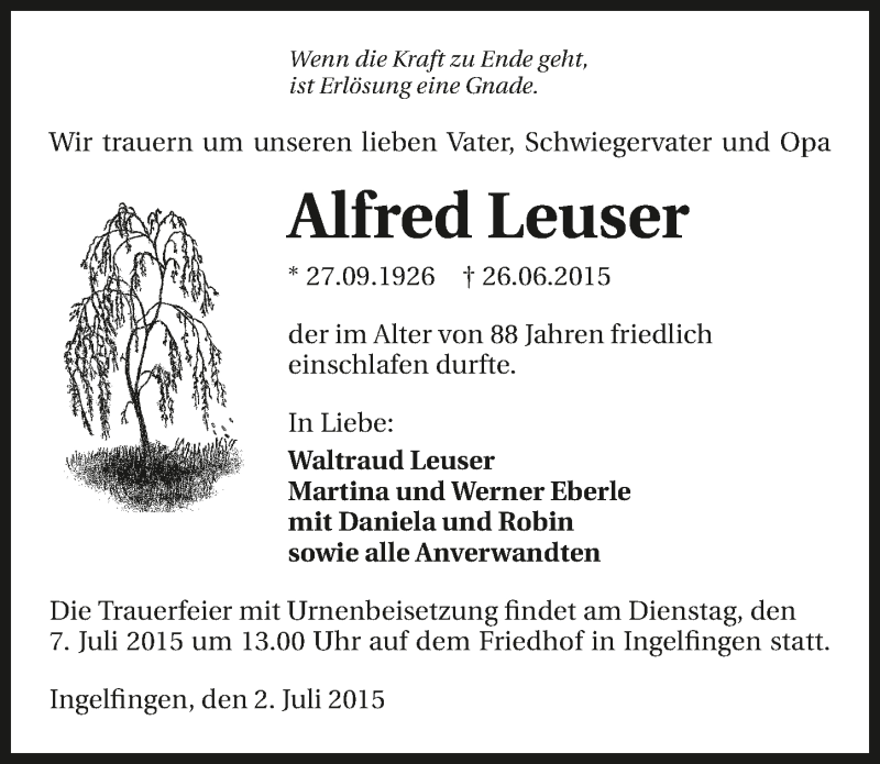  Traueranzeige für Alfred Leuser vom 02.07.2015 aus 