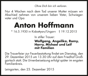 Traueranzeige von Anton Hoffmann 