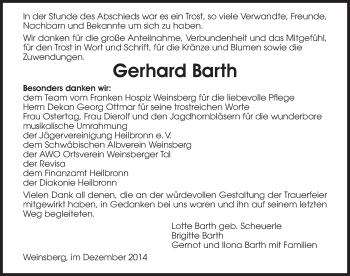 Traueranzeige von Gerhard Barth 