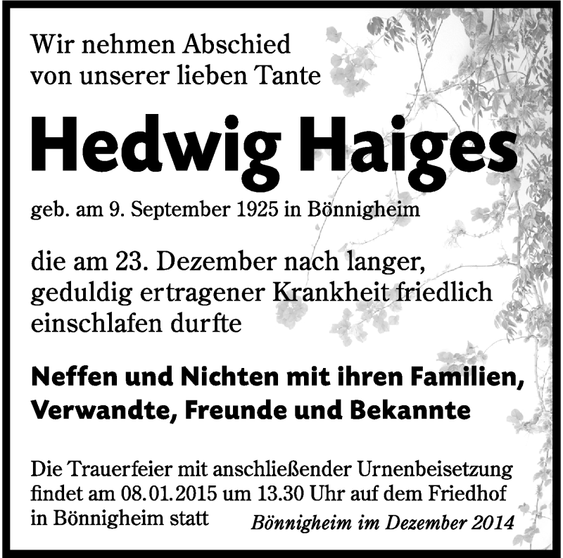  Traueranzeige für Hedwig Haiges vom 03.01.2015 aus 
